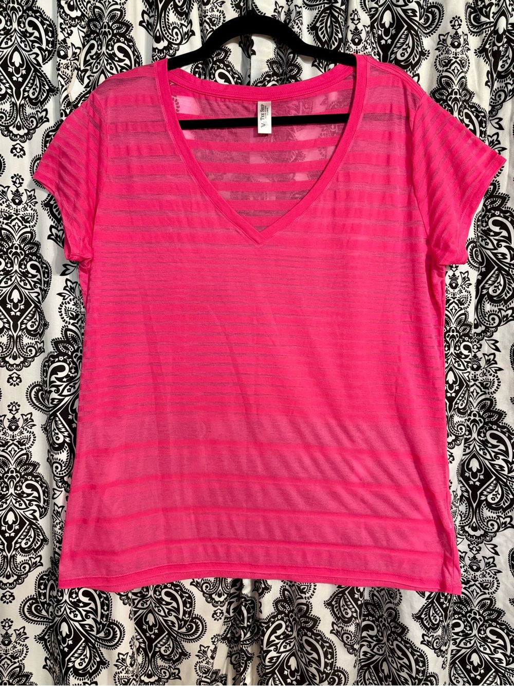 Vintage Victoria's Secret BURN•OUT Hot Pink Striped V-Neck Short Sleeve Tee - Picture 7 of 8